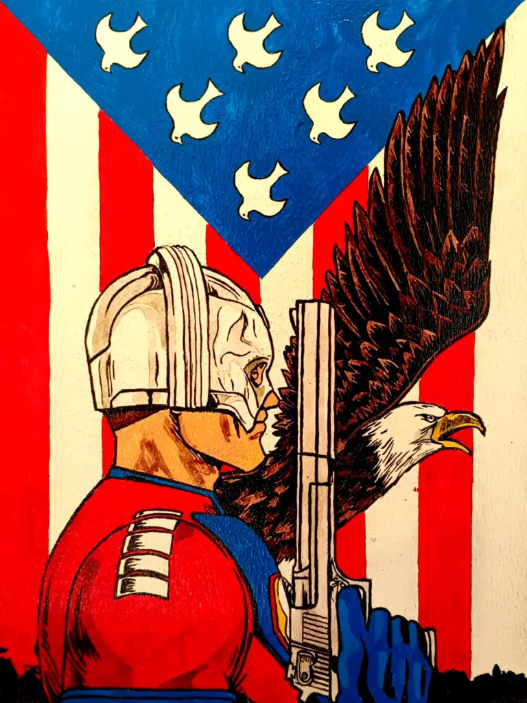 El pacificador con casco, pistola y águila sobre bandera inspirada en Puerto Rico pintado a mano