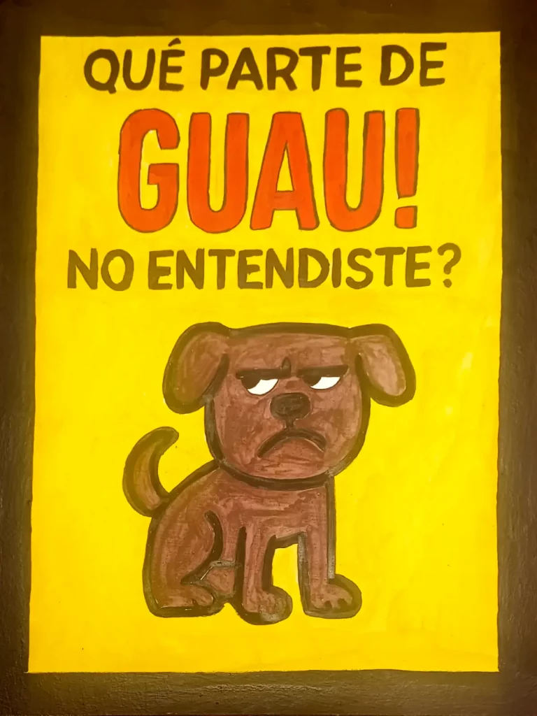 Cuadro con perro de expresión gruñona y mensaje humorístico "¿Qué parte de guau no entendiste?" sobre fondo amarillo.