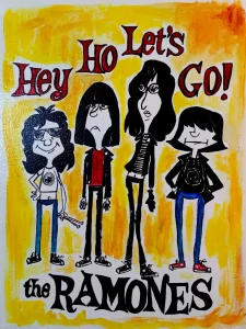 Cuadro de The Ramones en estilo caricaturesco con la frase Hey Ho Let's Go sobre fondo amarillo.