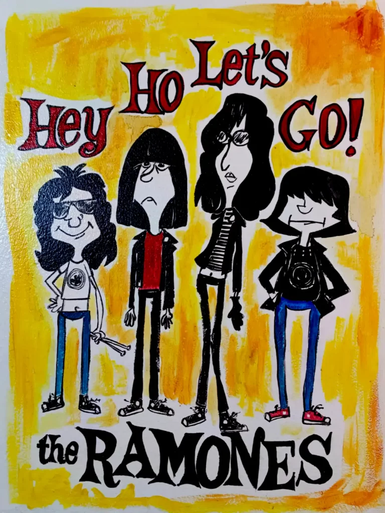 Cuadro de The Ramones en estilo caricaturesco con la frase Hey Ho Let's Go sobre fondo amarillo.
