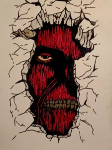 Rostro del Titán Colosal atravesando un muro agrietado inspirado en Attack on Titan