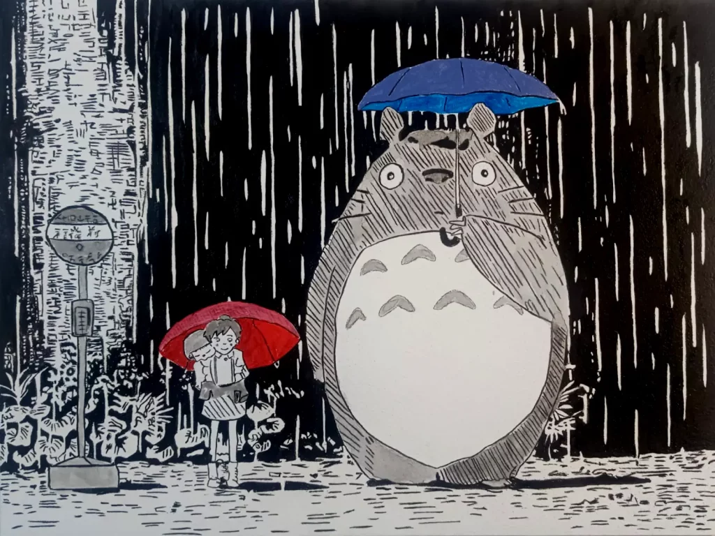 Cuadro inspirado en Mi vecino Totoro con Totoro y una niña bajo paraguas en una noche lluviosa.