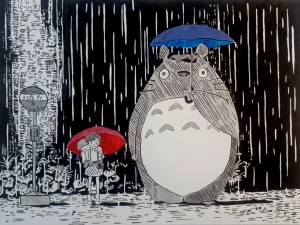 Cuadro inspirado en Mi vecino Totoro con Totoro y una niña bajo paraguas en una noche lluviosa.