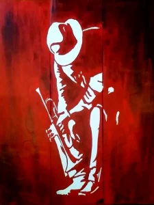 Silueta de trompetista sentado con sombrero y trompeta en estilo stencil rojo y blanco