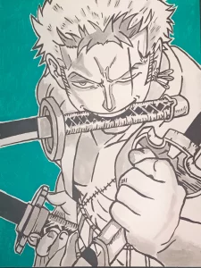 Roronoa Zoro empuñando tres espadas en ilustración inspirada en One Piece sobre fondo turquesa