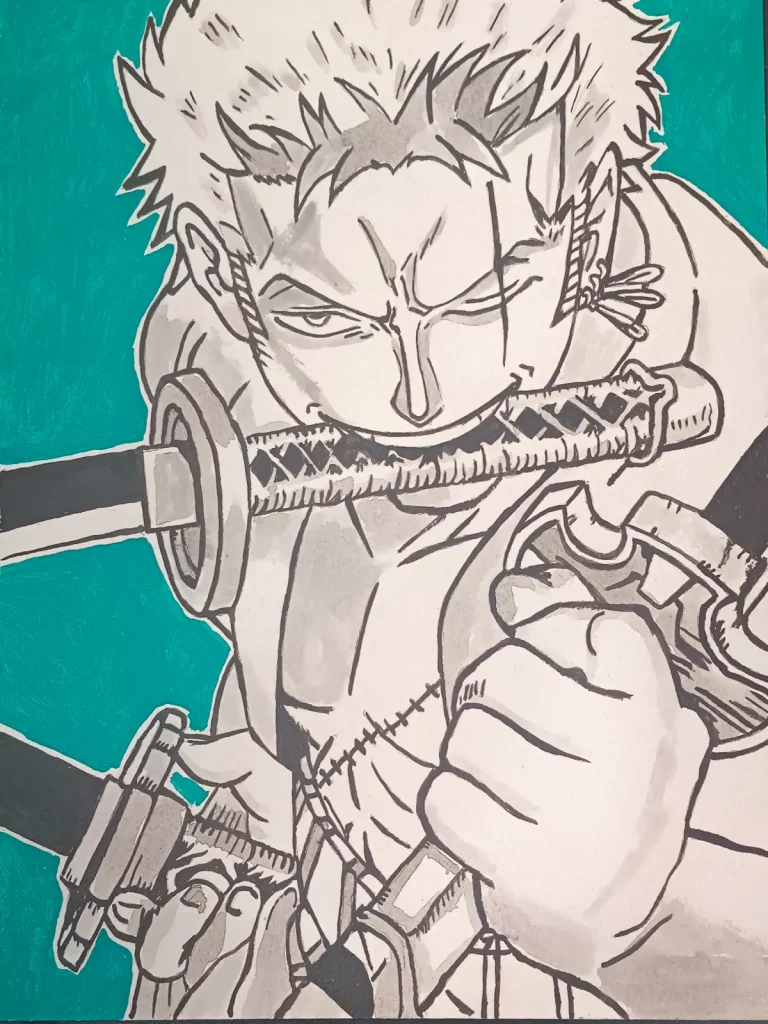 Roronoa Zoro empuñando tres espadas en ilustración inspirada en One Piece sobre fondo turquesa